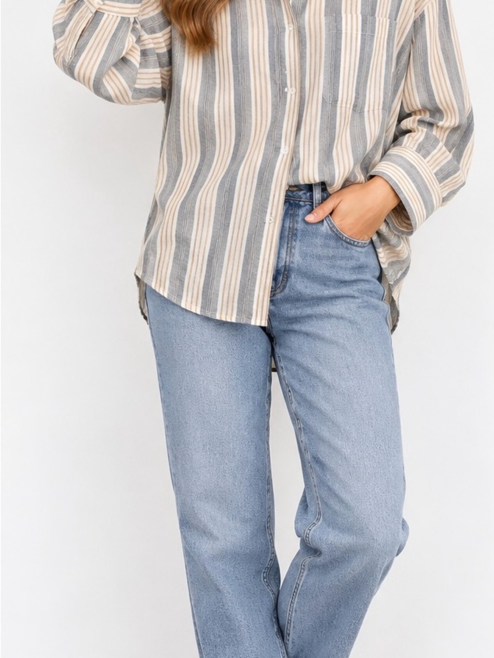 Easel Striped Oversized Button Down Shirt – Gray Beige Long Sleeve
